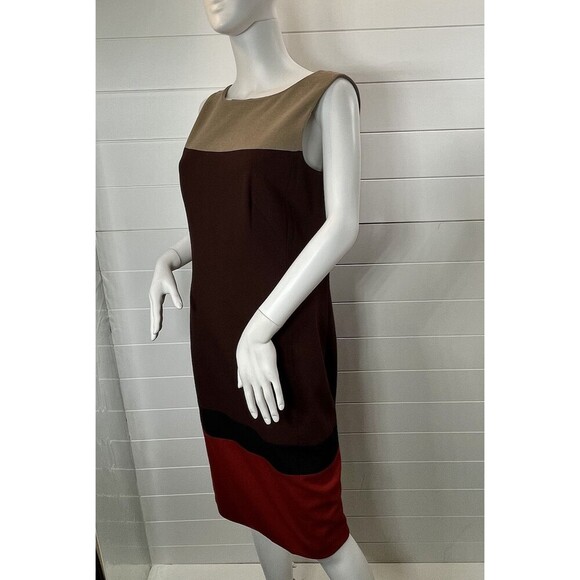 AKRIS PUNTO Sz US 8 Tan Maroon Red Sheath Dress Viscose Wool Blend Art To Wear - Picture 10 of 14